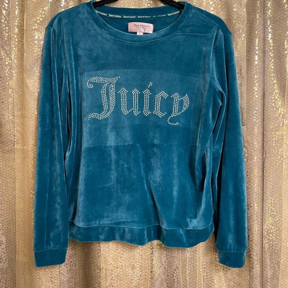 Juicy Couture Women’s Small Velour Velvet Teal Rhinestone Pullover Sleepwear Swe